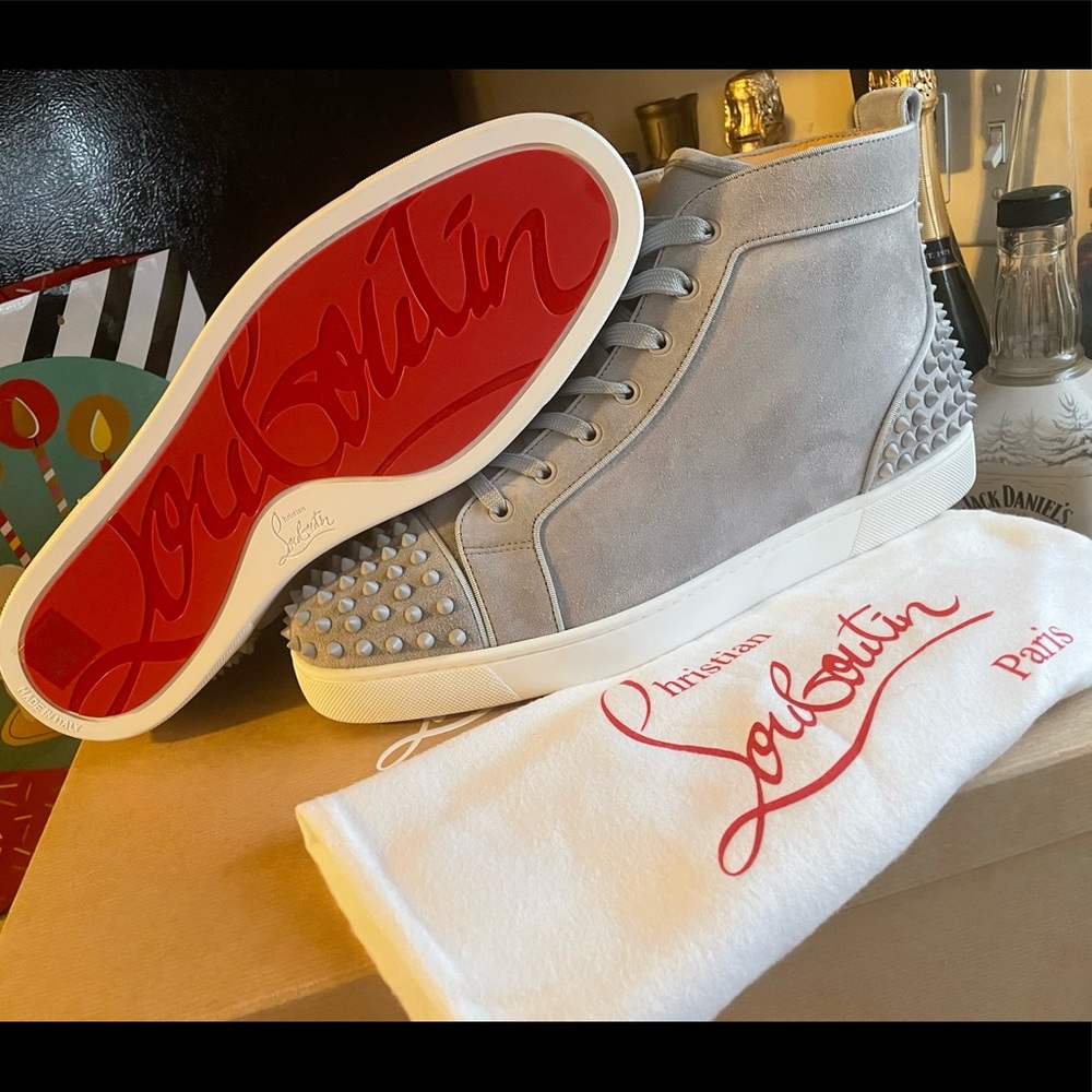 Men’s Gray Christian Louboutin. High top. Suede. Original box and shopping bag.